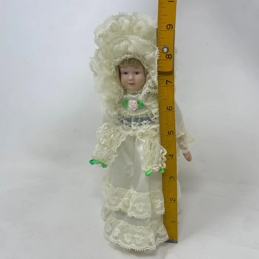 Vintage Porcelain Collector Doll 11.5 Inch Ivory Lace Satin Gown with Stand